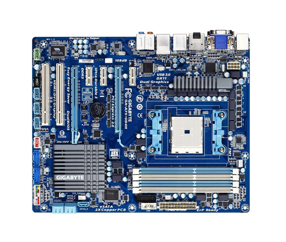 GA-A75-UD4H Gigabyte Socket FM1 AMD A75 Chipset AMD A-Series Processors Support DDR3 4x DIMM 5x SATA 6.0Gb/s ATX Motherboard (Refurbished)