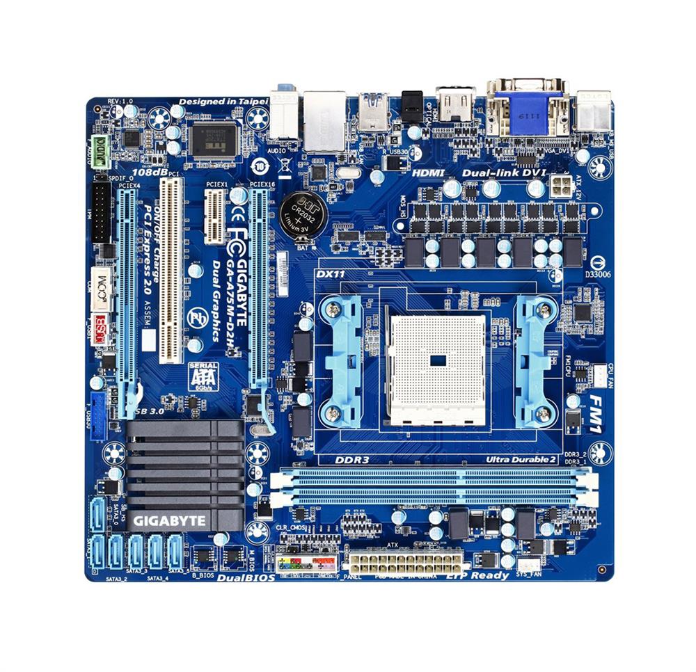 GA-A75M-D2H Gigabyte Socket FM1 AMD A75 Chipset AMD A-Series/ E2-Series Processors Support DDR3 2x DIMM 6x SATA 6.0Gb/s Micro-ATX Motherboard (Refurbished)