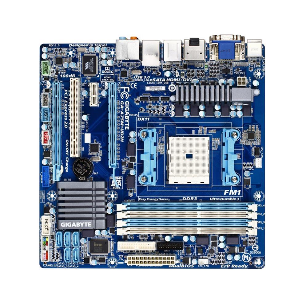 GA-A75M-UD2H Gigabyte Socket FM1 AMD A75 Chipset AMD A-Series/ E2-Series Processors Support DDR3 4x DIMM 5x SATA 6.0Gb/s Micro-ATX Motherboard (Refurbished)