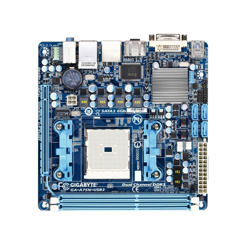 GA-A75N-USB3 Gigabyte Socket FM1 AMD A75 Chipset AMD Athlon II X4/ Athlon II X2/ AMD A-Series/ AMD E2-Series/ AMD Sempron Processors Support DDR3 2x DIMM 4x SATA 6.0Gb/s Mini-ITX Motherboard (Refurbished)
