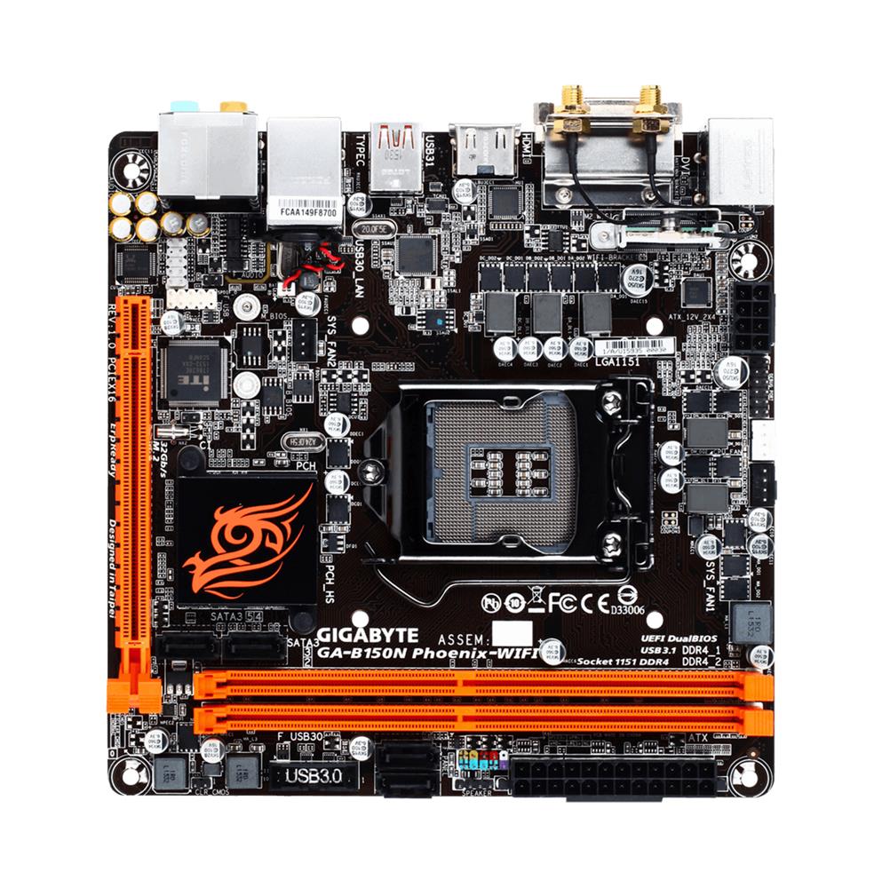GA-B150NPhoenix-WIFI Gigabyte Socket LGA 1151 Intel B150 Express Chipset 7th/6th Generation Core i7 / i5 / i3 / Pentium / Celeron Processors Support DDR4 2x DIMM 6x SATA 6.0Gb/s Mini-ITX Motherboard (Refurbished) GA-B150N Phoenix-WIFI