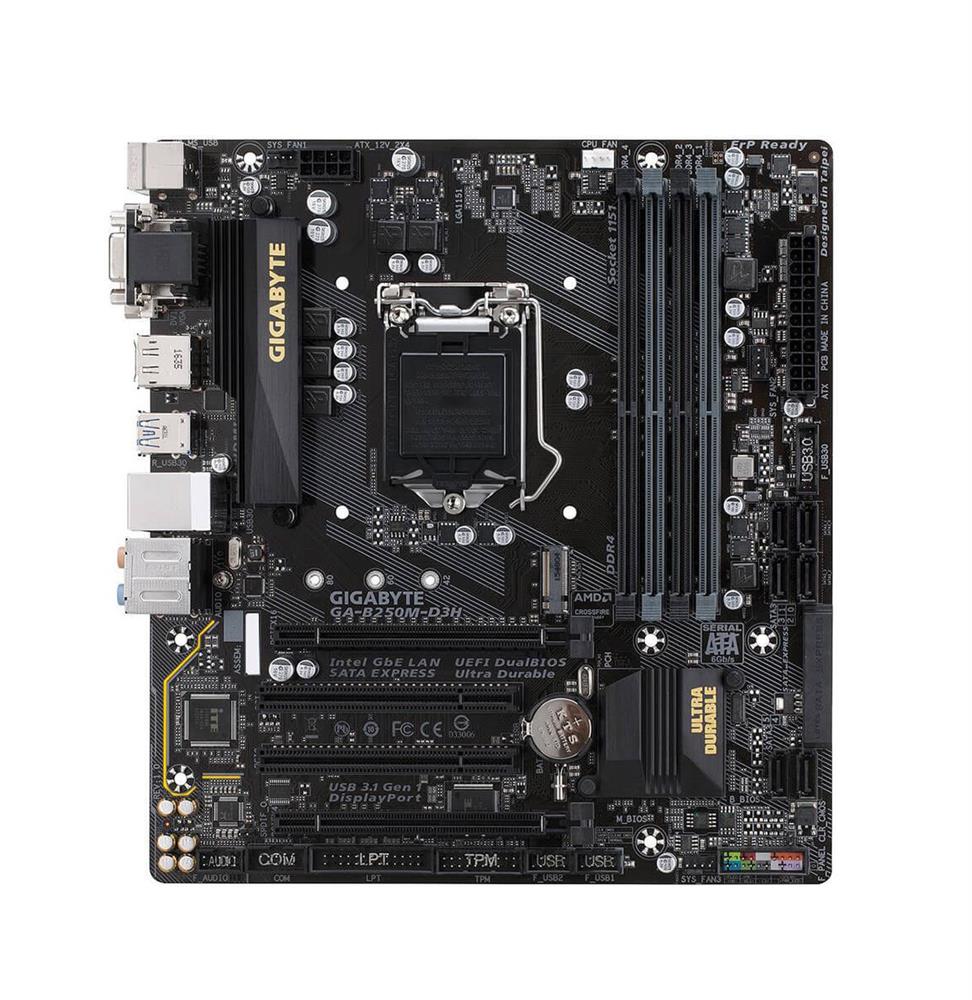 GA-B250M-D3H (rev. 1.0) Gigabyte Socket LGA 1151 Intel B250 Express Chipset 7th/6th Generation Core i7 / i5 / i3 / Pentium / Celeron Processors Support DDR4 4x DIMM 6x SATA 6.0Gb/s Micro-ATX Motherboard (Refurbished)