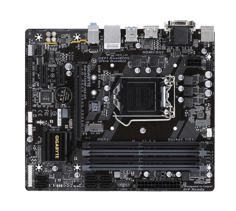 GA-B250M-DS3H (rev. 1.0) Gigabyte Socket LGA 1151 Intel B250 Express Chipset 7th/6th Generation Core i7 / i5 / i3 / Pentium / Celeron Processors Support DDR4 4x DIMM 6x SATA 6.0Gb/s Micro-ATX Motherboard (Refurbished)