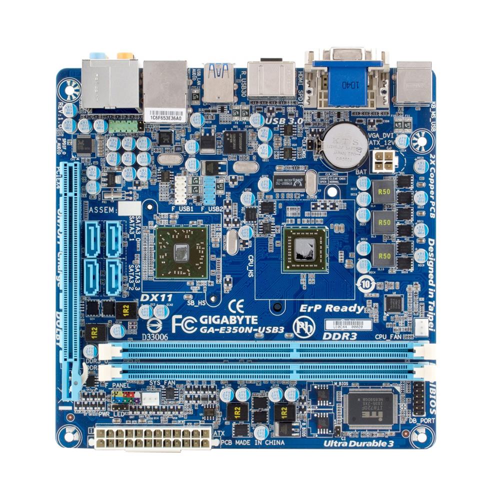 GA-E350N-USB3 Gigabyte Ultra Durable 3 Desktop Motherboard AMD A50M Chipset Mini ITX 1 x Processor Support 8GB DDR3 SDRAM Maximum RAM Serial ATA/600 On-board Video Chipset 1 x PCIe x16 Slot 2 x USB 3.0 Port HDMI (Refurbished)