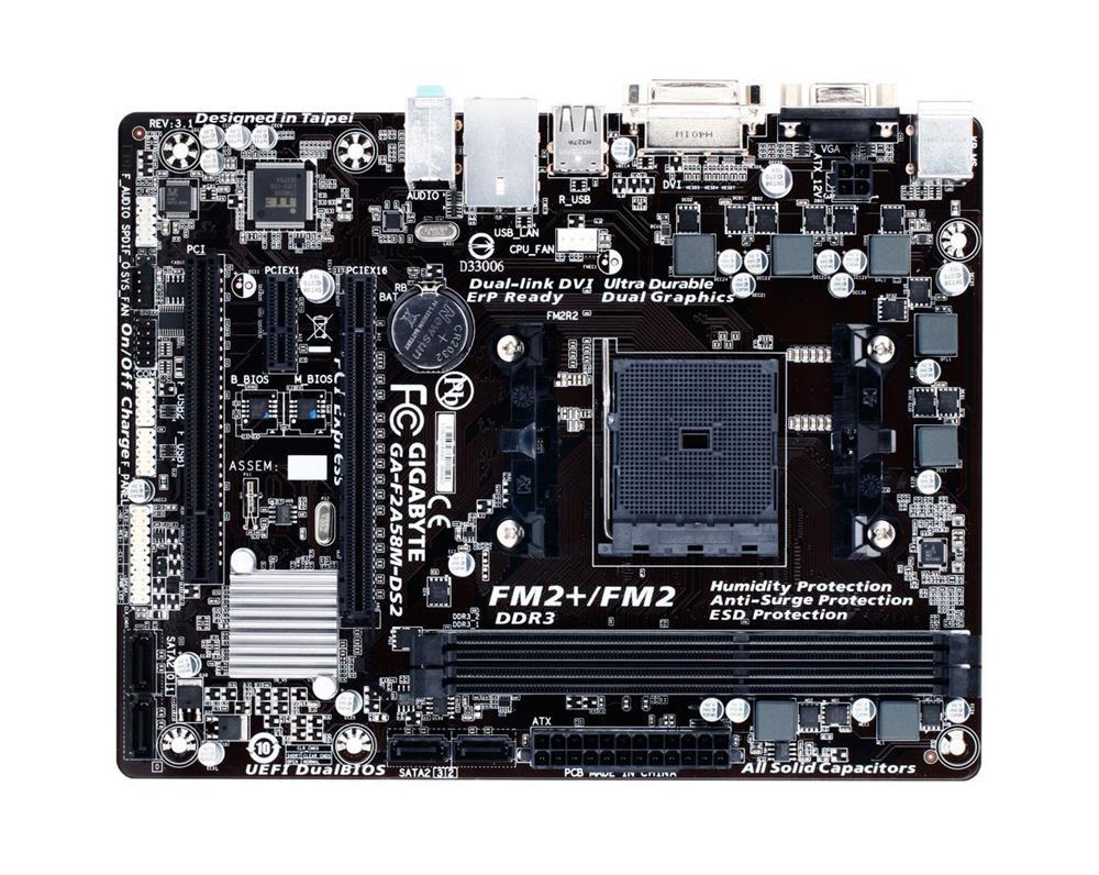 GA-F2A58M-DS2 (rev. 3.x) Gigabyte Socket FM2+ AMD A58 Chipset AMD A-Series/ AMD Athlon Series Processors Support DDR3 2x DIMM 4x SATA 3.0Gb/s Micro-ATX Motherboard (Refurbished)