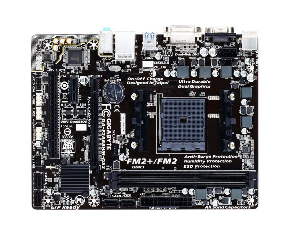 GA-F2A68HM-DS2(rev.1.1) Gigabyte Socket FM2+ AMD A68H AMD A-Series/ AMD Athlon Series Processors Support DDR3 2x DIMM 4x SATA 6.0Gb/s Micro-ATX Motherboard (Refurbished) GA-F2A68HM-DS2 (rev. 1.1)