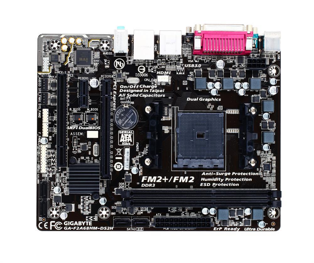 GA-F2A68HM-DS2H (rev. 1.0) Gigabyte Socket FM2+ AMD A68H Chipset AMD A-Series/ AMD Athlon Processors Support DDR3 2x DIMM 4x SATA 6.0Gb/s Micro-ATX Motherboard (Refurbished)