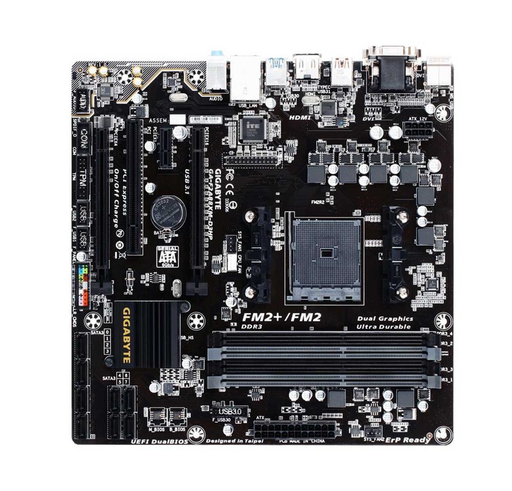 GA-F2A88XM-D3HP (rev. 1.0) Gigabyte Socket FM2+ AMD A88X Chipset AMD A-Series/ AMD Athlon Processors Support DDR3 4x DIMM 8x SATA 6.0Gb/s Micro-ATX Motherboard (Refurbished)