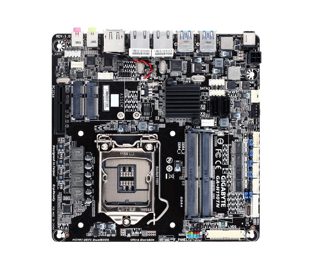 GA-H110TN Gigabyte Socket LGA 1151 Intel H110 Express Chipset 7th/6th Generation Core i7 / i5 / i3 / Pentium / Celeron Processors Support DDR4 2x DIMM 2x SATA 6.0Gb/s Thin Mini-ITX Motherboard (Refurbished)