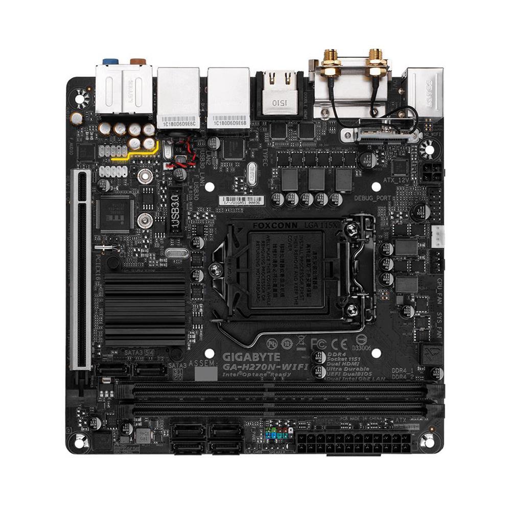 GA-H270N-WIFI (rev. 1.0) Gigabyte Socket LGA 1151 Intel H270 Express Chipset Core i7 / i5 / i3 / Pentium / Celeron Processors Support DDR4 2x DIMM 6x SATA 6.0Gb/s Mini-ITX Motherboard (Refurbished)