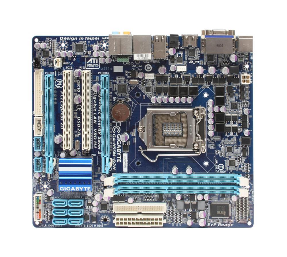 GA-H55M-D2H(rev.1.3) Gigabyte Socket LGA 1156 Intel H55 Chipset Core i7 / i5 / i3 / Pentium / Celeron Processors Support DDR3 2x DIMM 6x SATA 3.0Gb/s Micro-ATX Motherboard (Refurbished) GA-H55M-D2H (rev. 1.3)