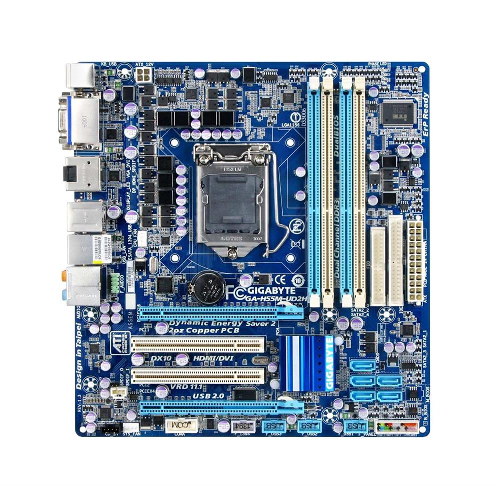 GA-H55M-UD2H(rev.1.3) Gigabyte Socket LGA 1156 Intel H55 Express Chipset Core i7 / i5 / i3 Processors Support DDR3 4x DIMM 5x SATA 3.0Gb/s Micro-ATX Motherboard (Refurbished) GA-H55M-UD2H (rev. 1.3)