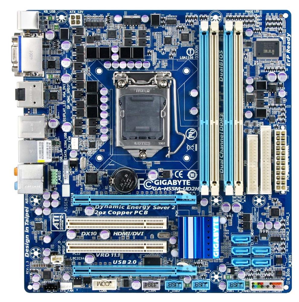 GA-H55M-UD2H Gigabyte Intel H55 Express Chipset Socket 1156 1 x Processor Support 16GB DDR3 SDRAM Maximum RAM CrossFireX Support Floppy Controller Serial ATA/300 Ultra ATA/133 (ATA-7) 2 x PCIe x16 Slot HDMI ATX Desktop Motherboard (Refurbished)