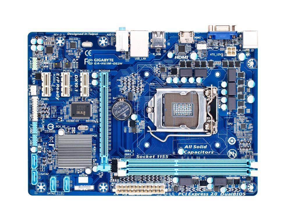 GA-H61M-DS2H(rev.2.0) Gigabyte Socket LGA 1155 Intel H61 Express Chipset Core i7 / i5 / i3 / Pentium / Celeron Processors Support DDR3 2x DIMM 4x SATA 3.0Gb/s Micro-ATX Motherboard (Refurbished) GA-H61M-DS2H (rev. 2.0)