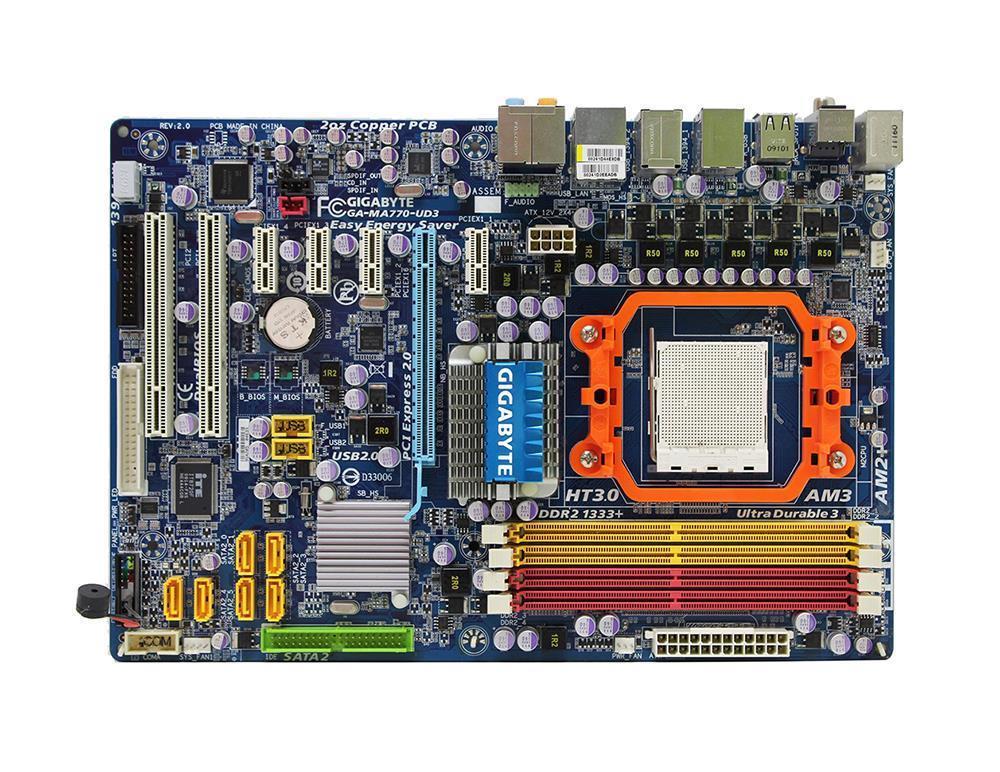 GA-MA770-UD3-A1 Gigabyte Socket AM2+ AMD 770 + SB600 Chipset AMD Phenom II X4/ Phenom X4/ Phenom X3/ AMD Athlon 64/ Athlon 64 FX/ Athlon 64 X2/ Athlon X2/ Athlon Processors Support DDR2 4x DIMM 6x SATA2 3.0Gb/s ATX Motherboard (Refurbished)
