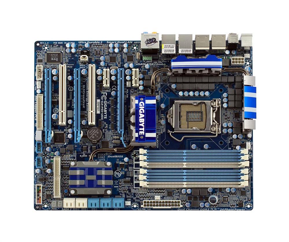 GA-P55-UD6 Gigabyte Desktop Motherboard Intel P55 Express Chipset Socket 1156 ATX 1 x Processor Support 16GB DDR3 SDRAM Maximum RAM CrossFireX, SLI Support Floppy Controller, Serial ATA/300, Ultra ATA/133 (ATA-7) RAID Supported Controller 3 x PCIe x16 Slot (Refurbished)