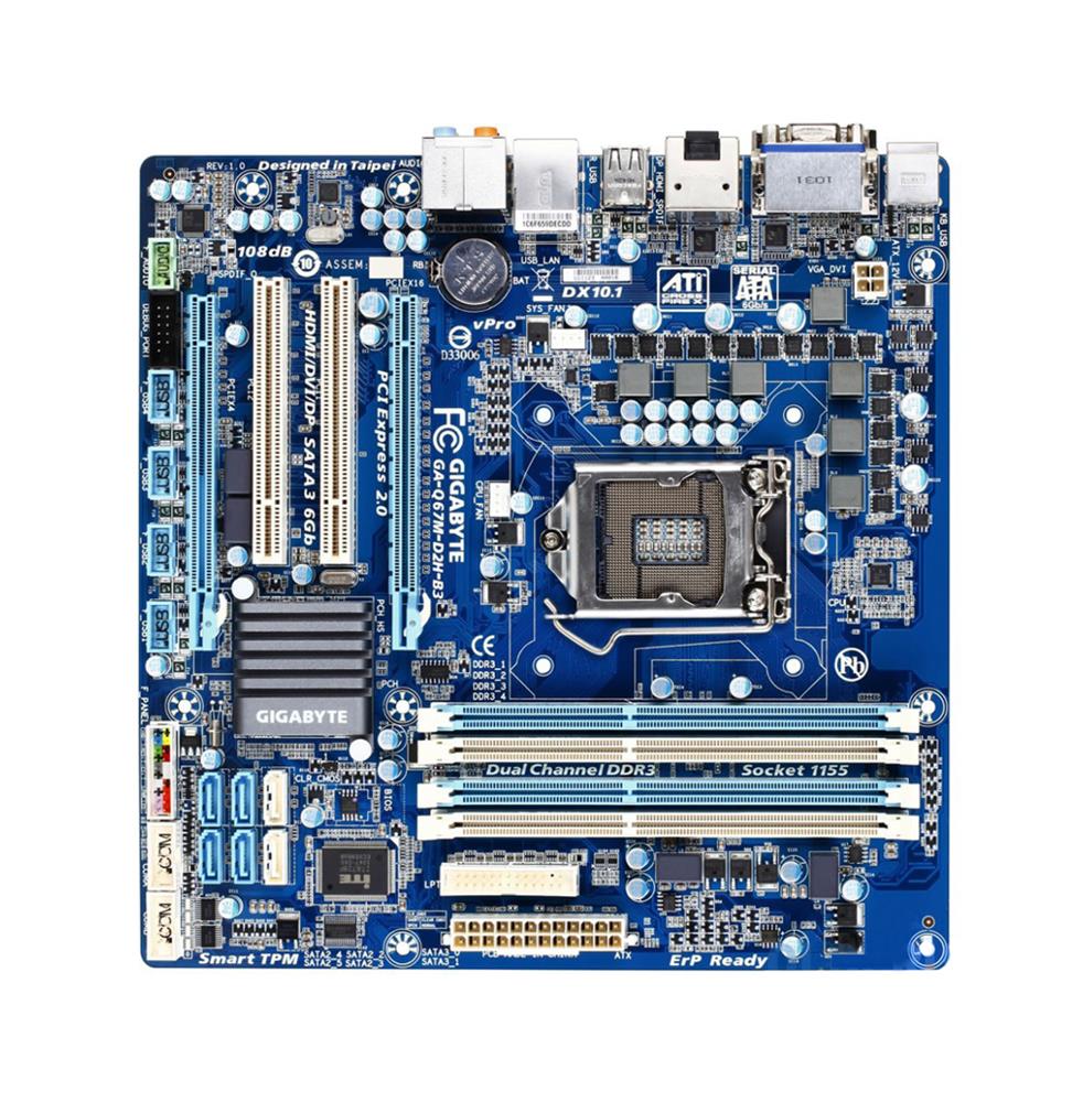 GA-Q67M-D2H-B3 Gigabyte Socket LGA 1155 Intel Q67 Express Chipset Core i7 / i5 / i3 / Pentium / Celeron Processors Support DDR3 4x DIMM 2x SATA 6.0Gb/s Micro-ATX Motherboard (Refurbished)