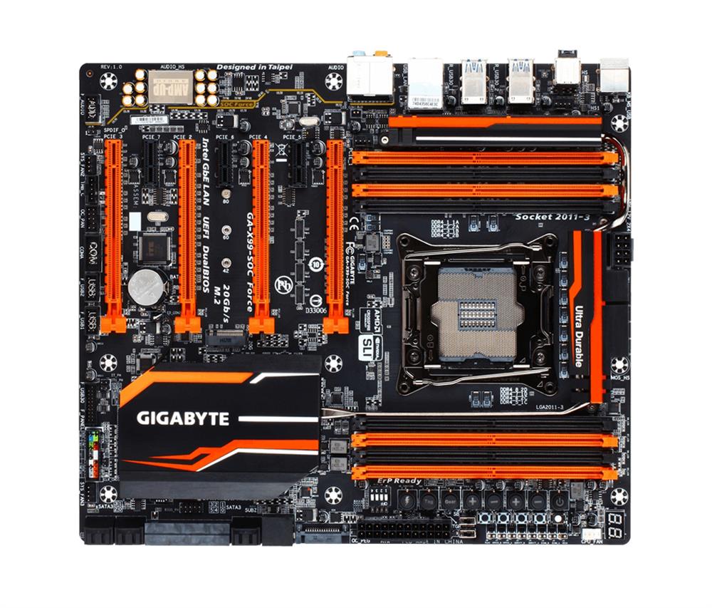 GA-X99-SOCForce(rev.1.0) Gigabyte Socket LGA 2011-3 Intel X99 Express Chipset Xeon E5-1600/ E5-2600/ E5-4600 v3/v4 Core i7 Processors Support DDR4 8x DIMM 10x SATA 6.0Gb/s Extended ATX Motherboard (Refurbished) GA-X99-SOC Force (rev. 1.0)