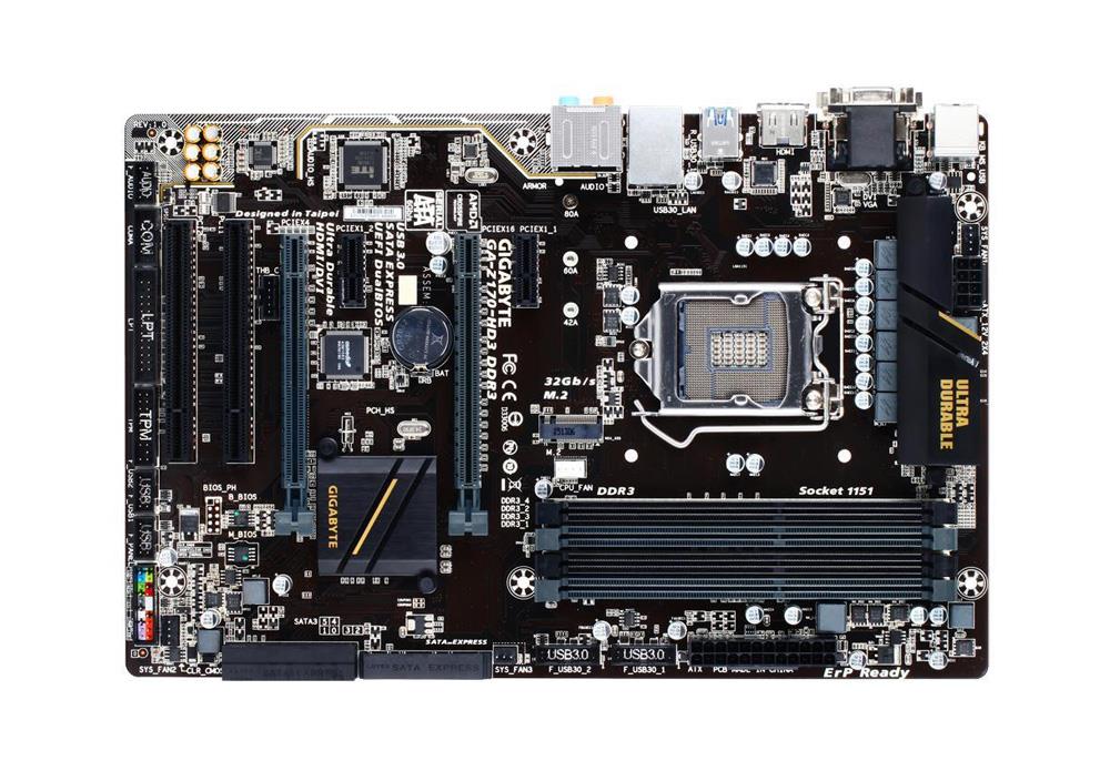 GA-Z170-HD3DDR3 Gigabyte Socket LGA 1151 Intel Z170 Express Chipset 7th/6th Generation Core i7 / i5 / i3 / Pentium / Celeron Processors Support DDR3 4x DIMM 6x SATA 6.0Gb/s ATX Motherboard (Refurbished) GA-Z170-HD3 DDR3