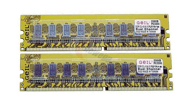 GD3200-512DC GeIL 512MB Kit (2 X 256MB) PC3200 DDR-400MHz non-ECC Unbuffered CL2 (2-3-3-6) 184-Pin DIMM Single Rank Memory