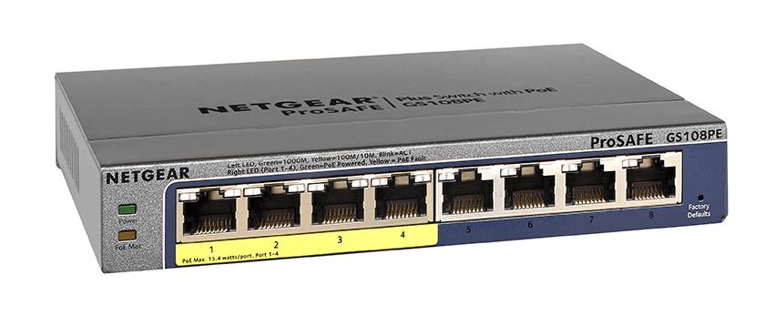 GS108PE-100NAS-3 NetGear ProSafe Plus 8-Ports 10/100/1000Mbps Gigabit Ethernet Desktop Switch With PoE (Refurbished)