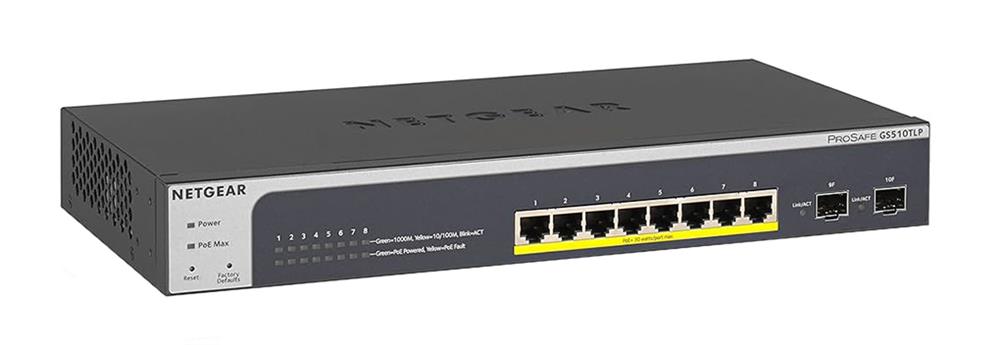 GS510TLP-100NAS Netgear ProSAFE 8-Port PoE+ Gigabit Smart Managed Switch with 2 SFP Ports (GS510TLP) - 8 Ports - Manageable - Gigabit Ethernet - 1000Base-X - 3 Layer Supported - Modular - 2 SFP Slots - Power Supply  (Refurbished)