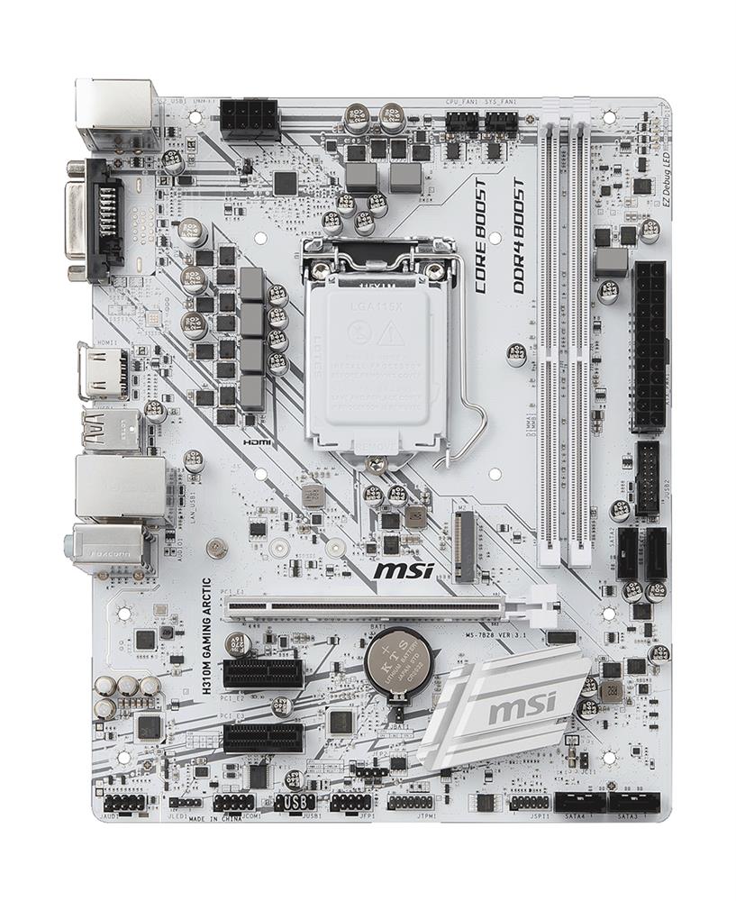 H310M GAMING ARCTIC MSI Socket LGA 1151 Intel H310 Chipset 8th Generation Core i7 / i5 / i3 / Pentium G / Celeron Processors Support DDR4 2x DIMM 4x SATA 6.0Gb/s Micro-ATX Motherboard (Refurbished)