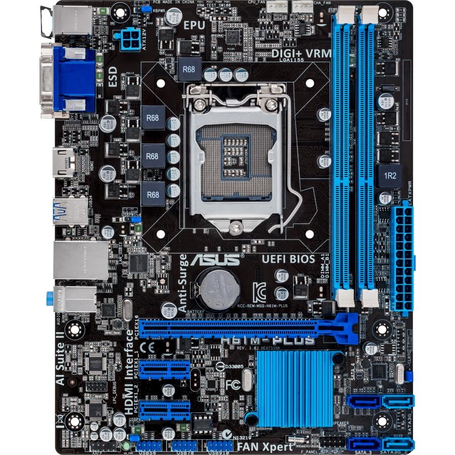 H61M-PLUS-A1 ASUS H61M-PLUS Socket LGA 1155 Intel H61 Chipset 3rd/2nd Generation Core i7 / i5 / i3 / Pentium / Celeron Processors Support DDR3 2x DIMM 2x SATA 3.0Gb/s uATX Motherboard (Refurbished)