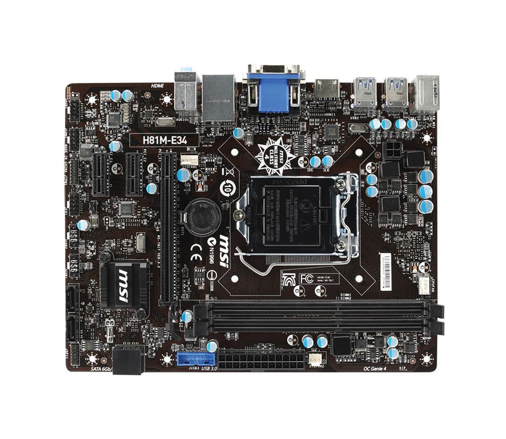 H81M-E34-A1 MSI H81M-E34 Socket LGA 1150 Intel H81 Chipset Intel Core i7/ i5 / i3 / Pentium / Celeron Processors Support DDR3 2x DIMM 2x SATA 3.0Gb/s Micro-ATX Motherboard (Refurbished)