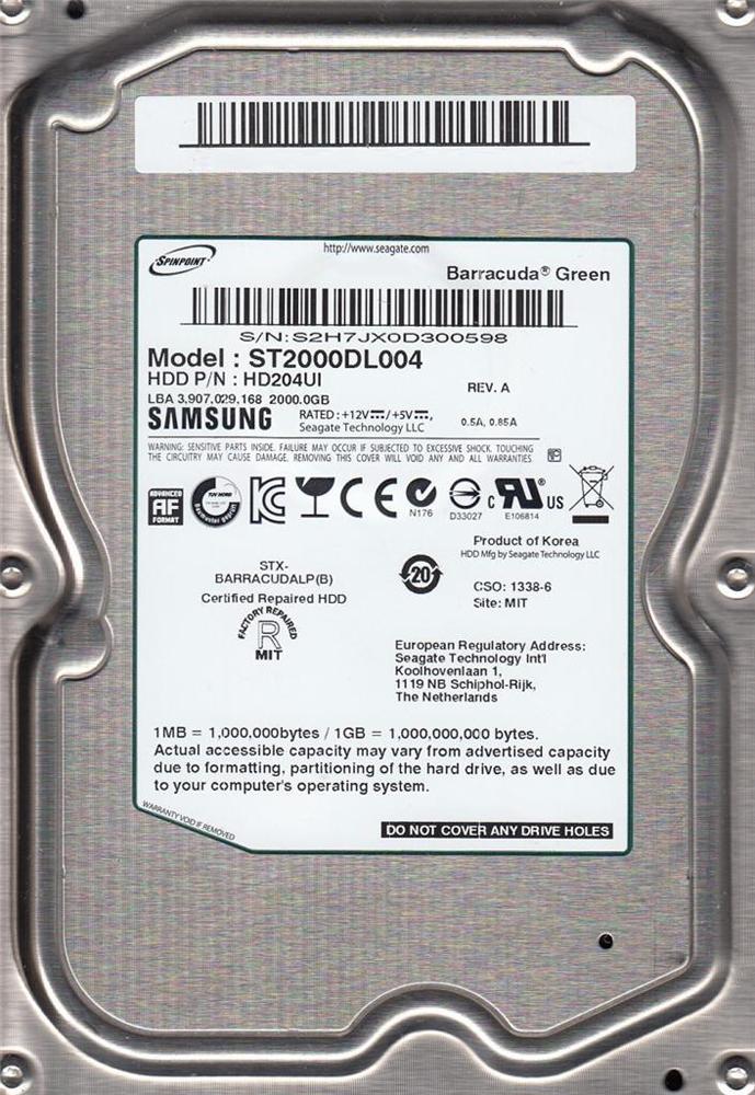 HD204UI-NDW-R Samsung Spinpoint F4EG 2TB 5400RPM SATA 3Gbps 32MB Cache 3.5-inch Internal Hard Drive