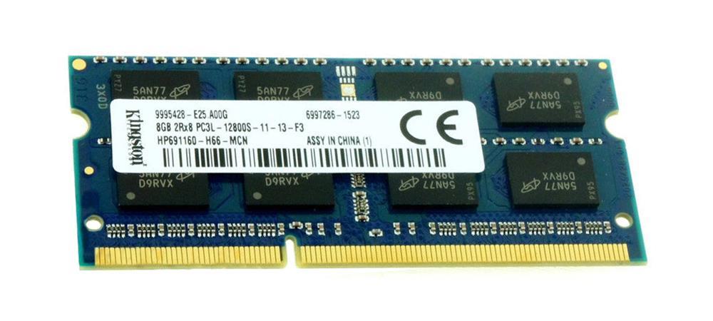 HP691160-H66 Kingston 8GB PC3-12800 DDR3-1600MHz non-ECC Unbuffered CL11 204-Pin SoDimm Dual Rank Memory Module