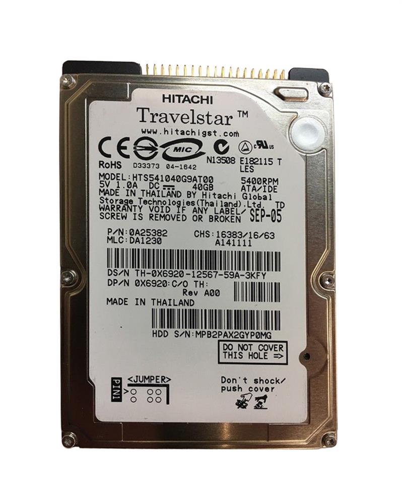 HTS541040G9AT00 Hitachi Travelstar 5K100 40GB 5400RPM ATA-100 8MB Cache 2.5-inch Internal Hard Drive