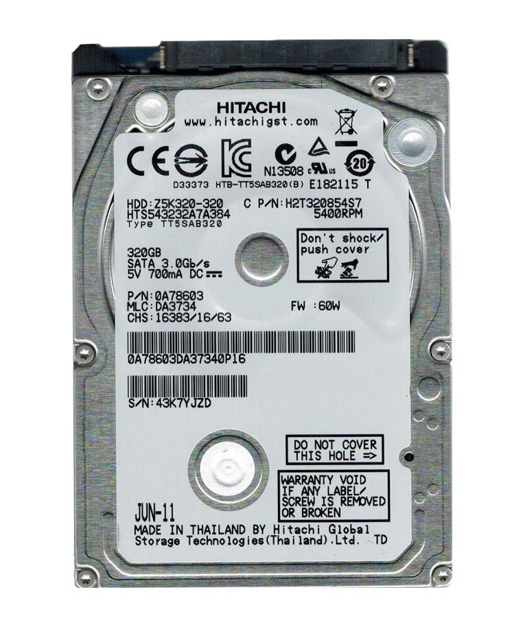 HTS543232A7A384 HGST Hitachi Travelstar Z5K320 320GB 5400RPM SATA 3Gbps 8MB Cache 2.5-inch Internal Hard Drive