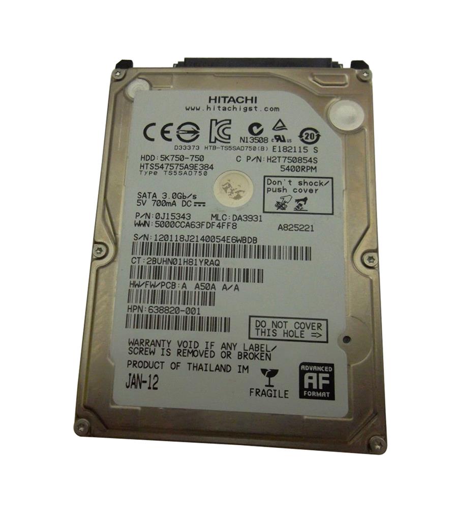 HTS547575A9E384 HGST Hitachi Travelstar 5K750 750GB 5400RPM SATA 3Gbps 8MB Cache (512e) 2.5-inch Internal Hard Drive