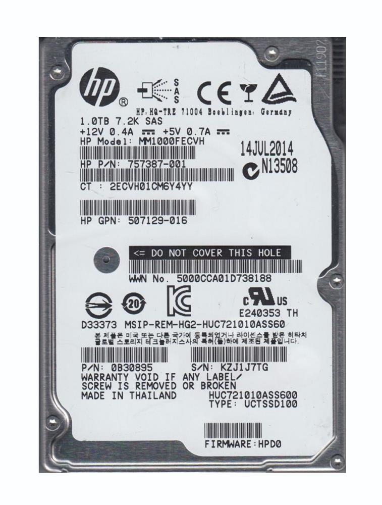 HUC721010ASS600 HGST Hitachi Ultrastar C7K1000 1TB 7200RPM SAS 6Gbps 64MB Cache (512e) 2.5-inch Internal Hard Drive