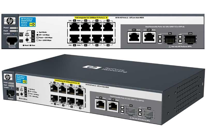 J9137A HP ProCurve 2520-8-PoE Ethernet Switch 2 x SFP (mini-GBIC) Shared 8 x 10/100Base-TX LAN 2 x 10/100/1000Base-T (Refurbished)