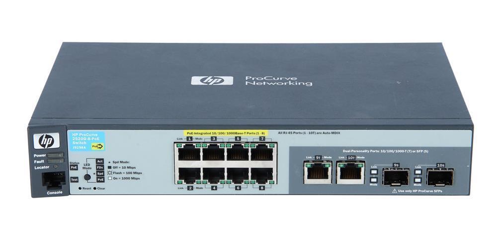 J9298A#ACC HP Procurve E2520 8-Ports 10/100/1000Base-T RJ-45 PoE 2-Ports RJ-45 Dual-Personality Gigabit Ports Manageable Layer2 Switch with 2x Shared SFP (mini-GBIC) Ports (Refurbished)