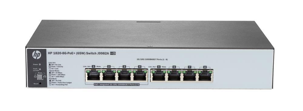 J9982AR HP 1820-8G-PoE+ (65W) Switch Refurbished 8 Network Manageable Twisted Pair 2 Layer Supported 1U High Rack-mountable Desktop Under Table Wal (Refurbished)