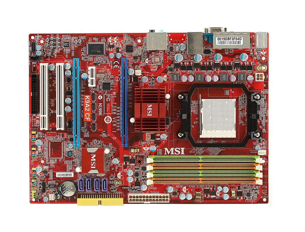 K9A2CF-F MSI Socket AM2+ AMD 790X + SB600 Chipset AMD Phenom X4/ Phenom X3/ AMD Athlon 64 FX/ Athlon 64/ AMD Sempron Processors Support DDR2 4x DIMM 4x SATA2 3.0Gb/s ATX Motherboard (Refurbished)