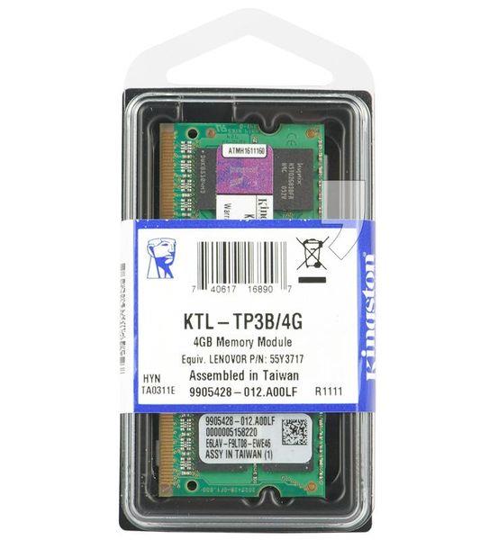 KTL-TP3B/4G Kingston 4GB PC3-10600 DDR3-1333MHz non-ECC Unbuffered CL9 204-Pin SoDimm Dual Rank Memory Module for Lenovo