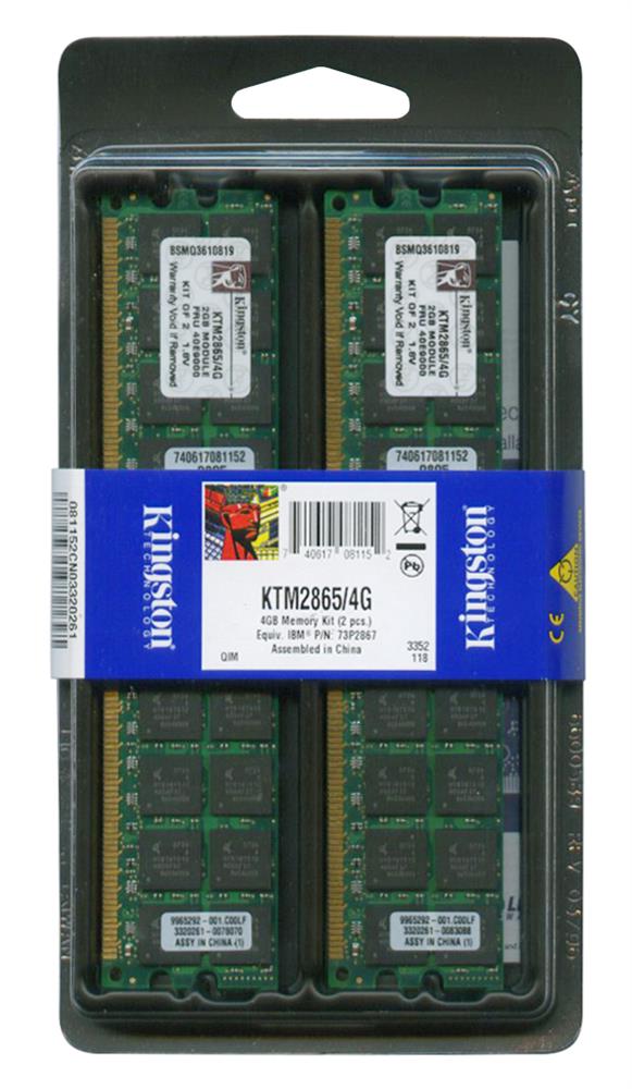 KTM2865/4G(1OF2PCKIT) Kingston 4GB Kit (2 X 2GB) PC2-3200 DDR2-400MHz ECC Registered CL3 240-Pin DIMM Dual Rank Memory Module