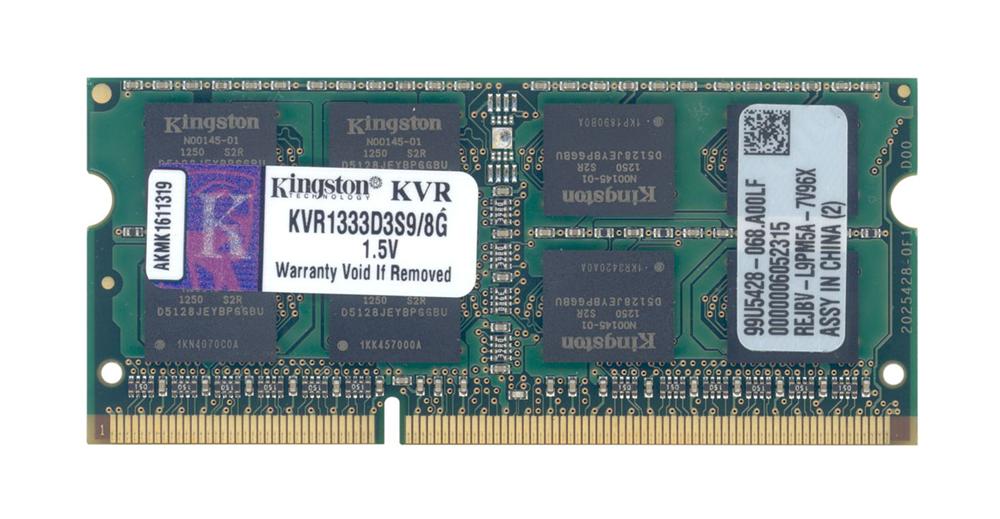 KVR1333D3S9/8G Kingston 8GB PC3-10600 DDR3-1333MHz non-ECC Unbuffered CL9 204-Pin SoDimm Dual Rank Memory Module