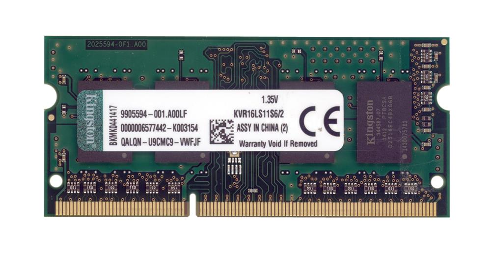 KVR16LS11S6/2 Kingston 2GB PC3-12800 DDR3-1600MHz non-ECC Unbuffered CL11 204-Pin SoDimm 1.35V Low Voltage Single Rank Memory Module