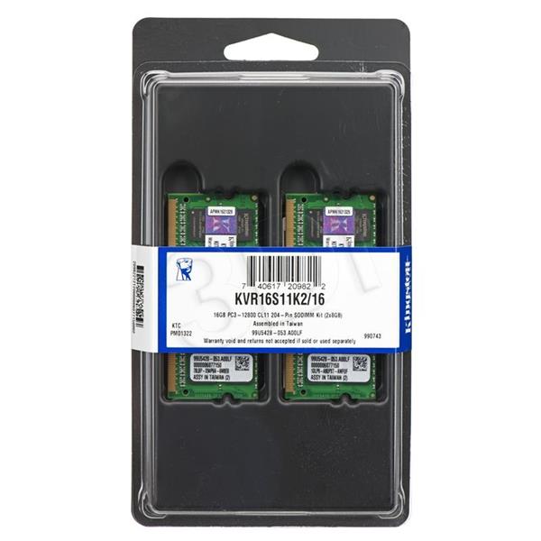 KVR16S11K2/16 Kingston 16GB Kit (2 X 8GB) PC3-12800 DDR3-1600MHz non-ECC Unbuffered CL11 204-Pin SoDimm Memory