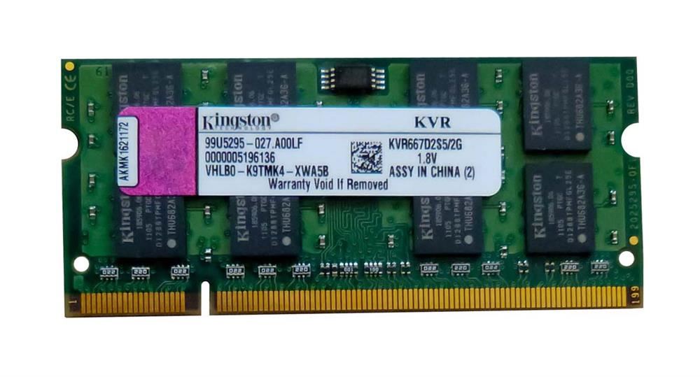 KVR667D2S5/2G Kingston 2GB PC2-5300 DDR2-667MHz non-ECC Unbuffered CL5 200-Pin SoDimm Dual Rank Memory Module