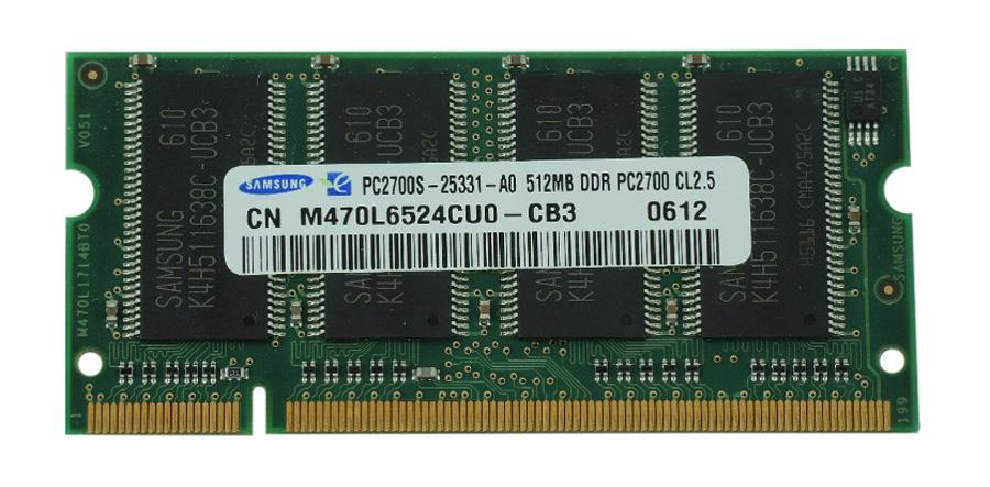 M470L6524CU0-CB3 Samsung 512MB PC2700 DDR-333MHz non-ECC Unbuffered CL2.5 200-Pin SoDimm Memory Module