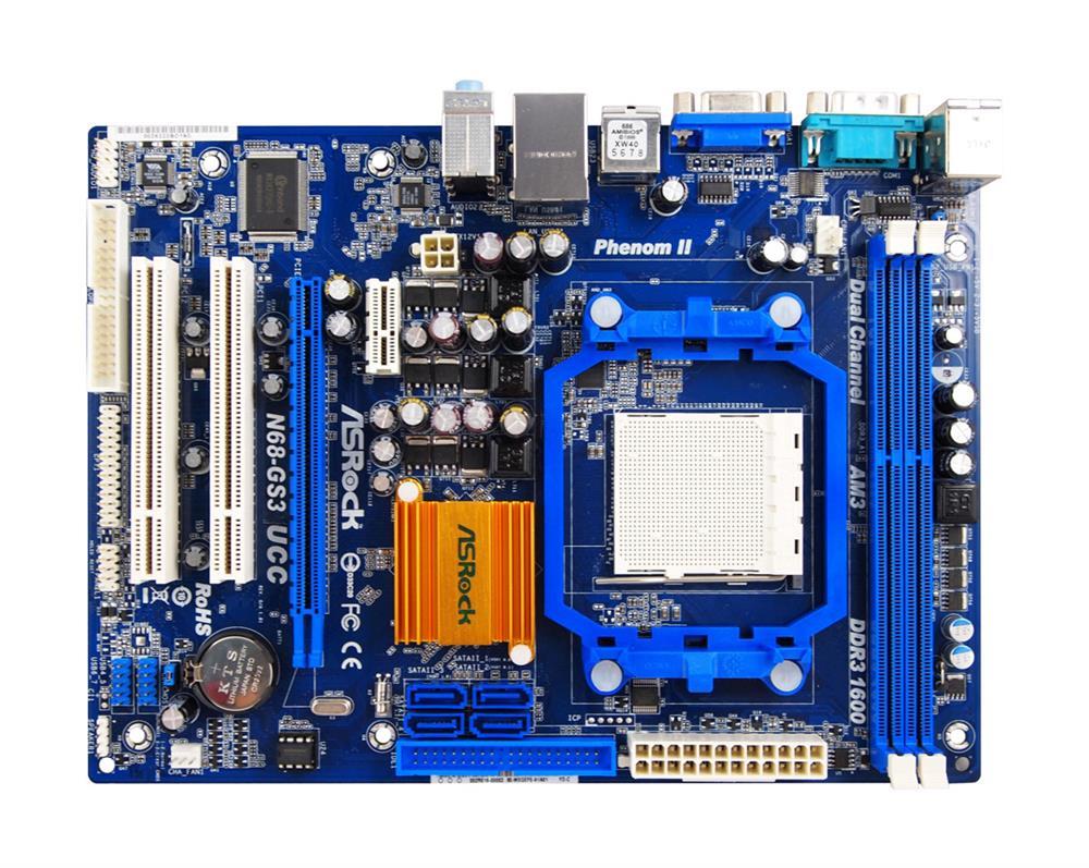 N68-GS3-UCC ASRock N68-GS3 UCC Socket AM3 Nvidia GeForce 7025/ nForce 630a Chipset AMD Phenom II X6/ II X4/ II X3/ II X2/ AMD Athlon II X4/ II X3/ II X2/ AMD Sempron Processors Support DDR3 2x DIMM 4x SATA2 3.0Gb/s Micro-ATX Motherboard (Refurbished)