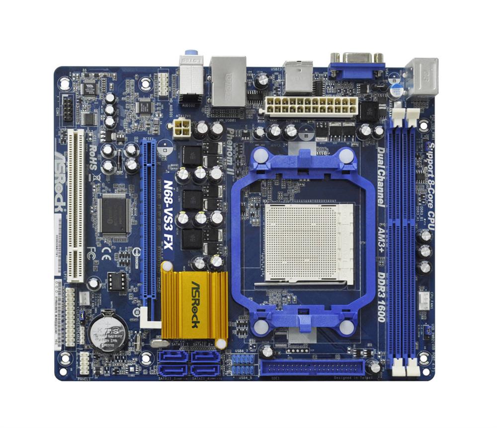 N68-VS3-FX ASRock Socket AM3+ AMD Phenom II X6/ X4/ X3/ X2/ AMD Athlon II X4/ X3/ X2 AMD Sempron Processors Support DDR3 2x DIMM 4x SATA2 3.0Gb/s Micro-ATX Motherboard (Refurbished)