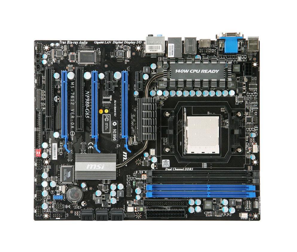 NF980-G65-7612-001 MSI Socket AM3 Nvidia nForce 980a SLI Chipset AMD Phenom II X4/ Phenom II X3/ Phenom II X2/ Athlon II X4/ Athlon II X2/ AMD Sempron Processors Support DDR3 4x DIMM 6x SATA2 3.0Gb/s ATX Motherboard (Refurbished)