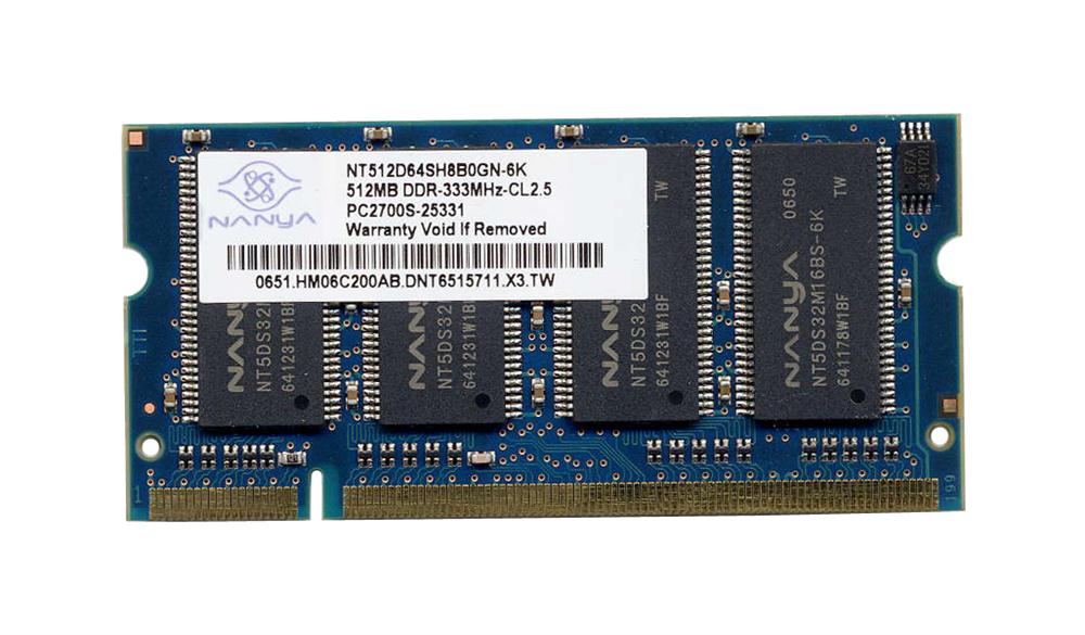 NT512D64SH8B0GN-6K Nanya 512MB PC2700 DDR-33MHz non-ECC Unbuffered CL2.5 200-Pin SoDimm Memory Module (64Mx64)